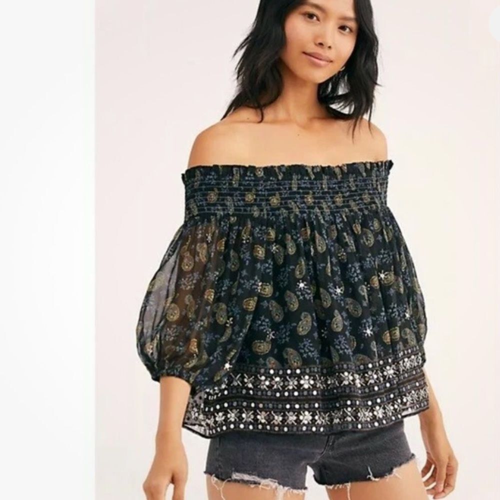 Free People Age Of Aquarius Embellished Boho Off Shoulder Peasant Blouse XS